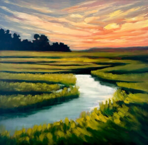 painting of river entitled "Wander" by Cassandra Hahn Oil on Birch